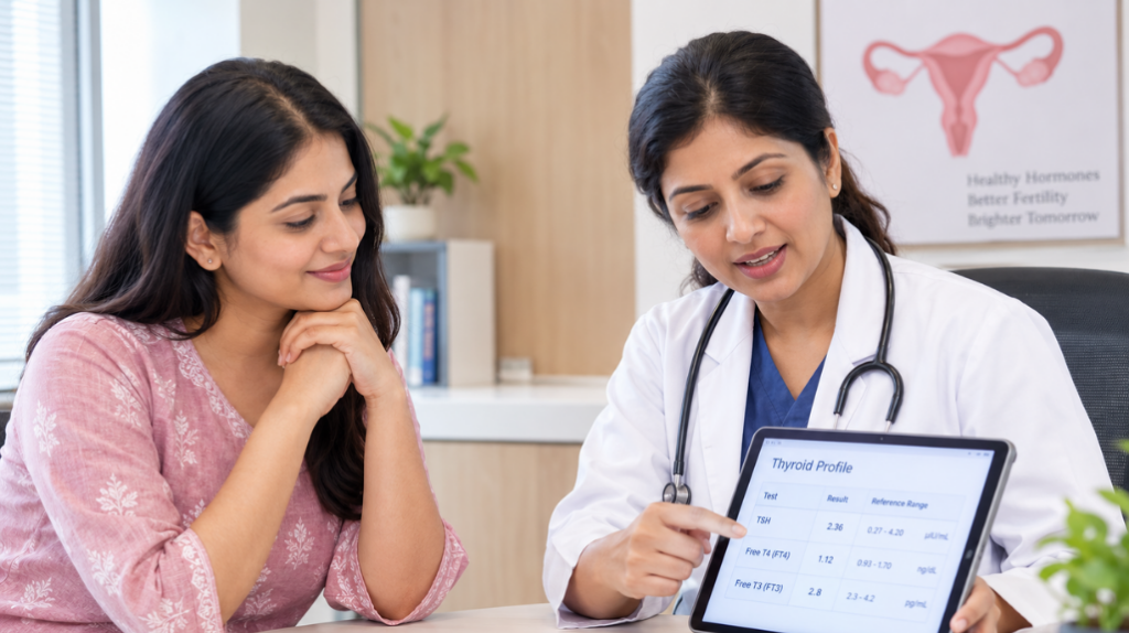 Woman discussing thyroid test results and pregnancy planning with a fertility