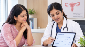Woman discussing thyroid test results and pregnancy planning with a fertility
